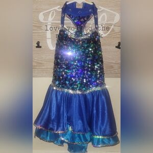 Kid's Sparkling Blue Multicolor Sequin With Skirt Halter Dance Costume Dress